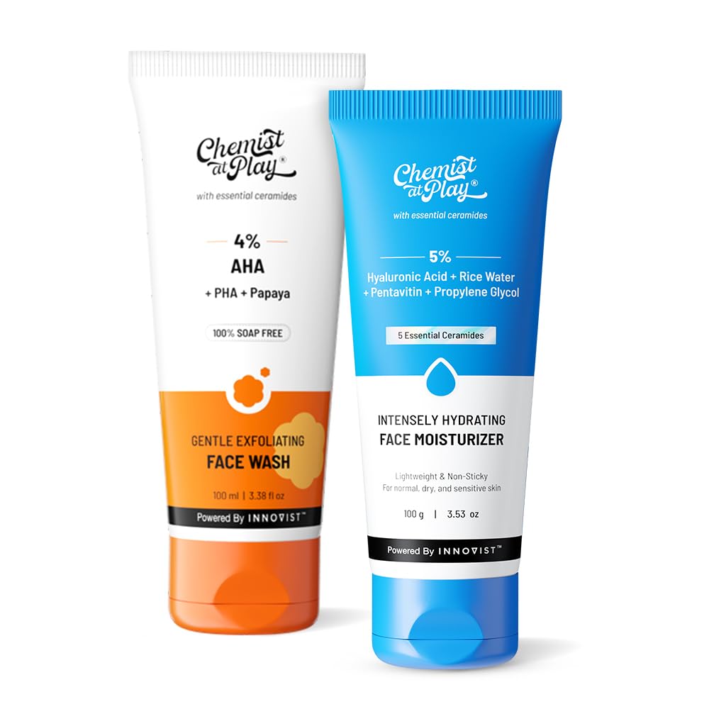Chemist At Play Hydrating Face Moisturizer & Exfoliating Face Wash Combo | Lightweight, 24-Hour Hydration, Repairs Skin Barrier | Instant Glow & Exfoliation for Bright, Smooth Skin | 100g & 100ml