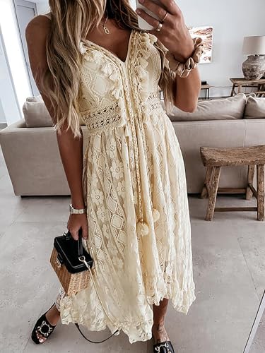Image of CUPSHE Womens Lace Summer Maxi Dresses 2026 Beach Wear | V Neck Spaghetti Straps Sundress, Tassel, Boho Pom Poms, Flowy Vacation Outfits, Resort Wear, Graduation Wedding Guest Looks