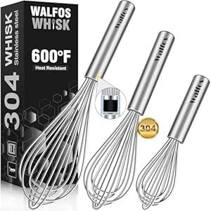 Walfos Whisk,304 Stainless Steel whisk,No-Rust 7+9+11inch Whisks for cooking Nice for Blending,Whisking,Beating.Heat resistant 600°F Dishwasher Safe. Heavy duty kitchen whisk.17.7+22.8+27.9cm -SILVER