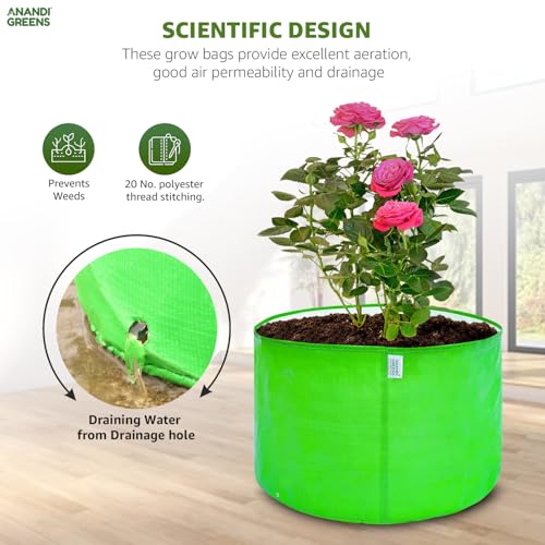 Image of Anandi Green's HDPE Uv Protected 260 GSM Round Green Colour Grow Bags Suitable for Terrace and Vegetable Gardening 15x12 Pack of 6 Plant Bag