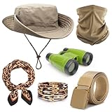 FEYIR Safari Costume Outfit for Women Sun Bucket Hat Leopard Scarf Tactical Belt Binoculars Safari Accessories Set for Halloween Cosplay