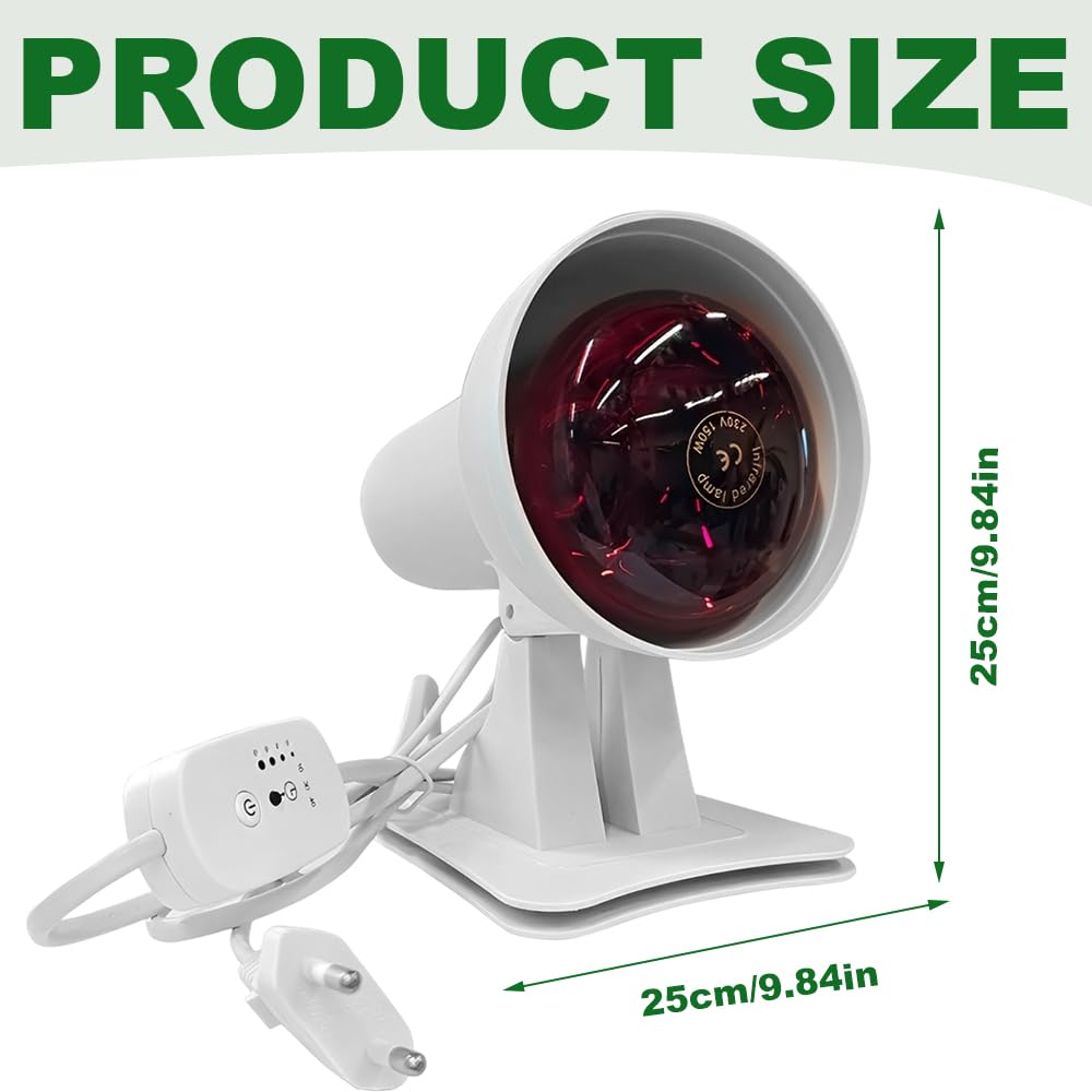 Lampara Infrarrojos, 150W Luz Infrarroja, Lampara Luz Roja Regulable con 4 Niveles de Ajuste de Temperatura y Temporizado para Calor