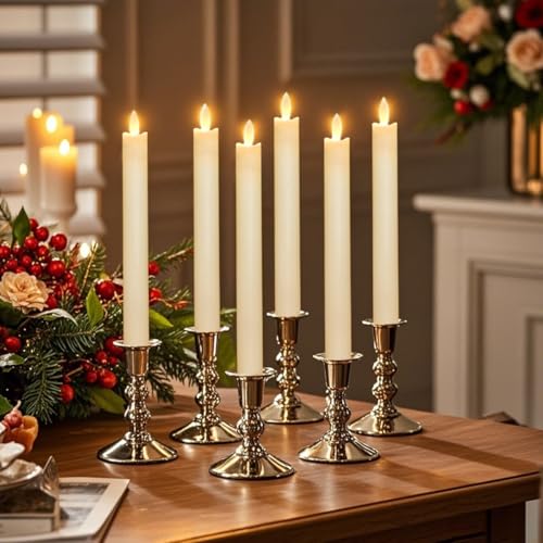 Image of Battery Operated Flameless Ivory Taper Candles Flickering-Set of 6, Realistic 3D Wick Flickering LED Taper Candle Set,USB-Rechargeable, Remote & Timer, Ideal for Living Room, Bedroom & Easter Decor