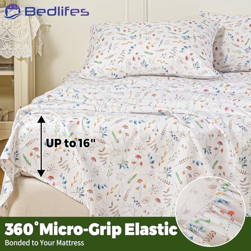 Image of Bedlifes Full Floral 4-Piece Sheet Set - Cooling Sheets Blend Rayon Derived from Bamboo,Soft & Breathable, Deep Pocket 16 inch, Wrinkle Resistant - Vibrant Boho Floral Design