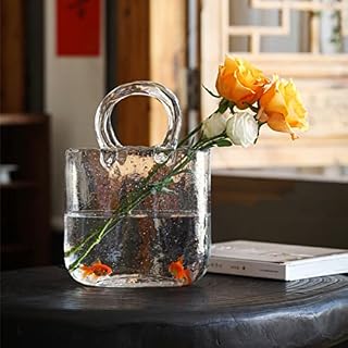 LUZLED Glass Bag vase, Clear Hand Blown Glass Vases with Bubble, Handbag Shape Flower vase, Unique Glass Tote Bag vase Fish Bowl Vase Wide Mouth Bubble Vase for Home