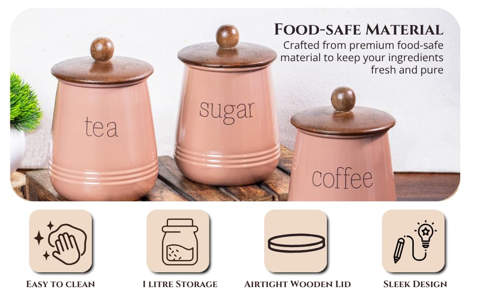 Image of Metallure Home Stylish Airtight Container Set | Sugar Tea Coffee Container Set of 3 | Metal and Wood Lid Canister for Kitchen Storage | Food-Safe Jar Set for Kitchen (Mocha Mousse)
