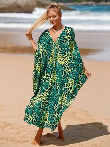 Image of IMAGEKOPE Women's Plus Size Animal Print V-Neck Batwing Kaftan Beach Dress Bathing Suit Cover-Up Loungewear
