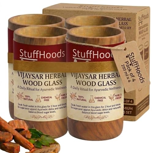 Image of Vijaysar Ayurvedic Glass /Tumbler | Lab Tested | Kino Tree Wooden Tumbler | Natural Wellness, Traditional Tumbler, Handcrafted Wood Cup | 250ml (Pack of 4)