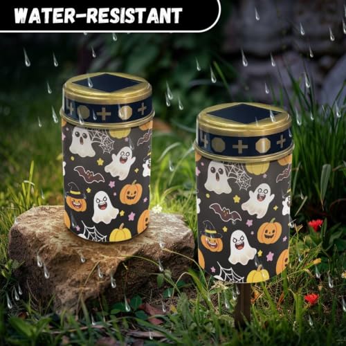 Image of Poceacles Flameless Candle Solar Powered Grave Outdoor Lights Cemetery Candle Flameless Fake LED Pillar Lights Outdoor Halloween Decoration, Cute Ghost Pumpkin Bat Print Black
