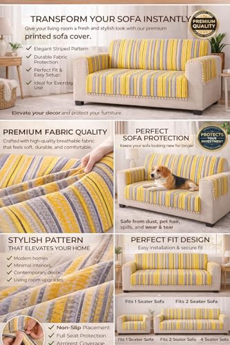 Image of Gifts Island 4 Seater Cotton Sofa Cover Mat | Anti Slip Sofa Cover Throw | All Over Furniture Protector with Elastic Straps | Washable Couch Cover for Living Room (Yellow, 4 Seater)
