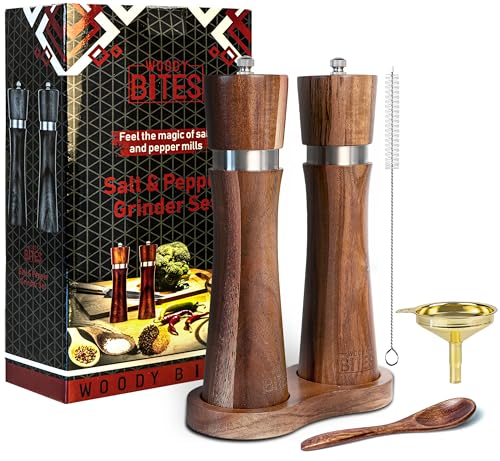 Wooden Salt and Pepper Grinder Set, Manual 8-inch, Salt and Pepper shakers Refillable with Adjustable Coarseness, Salt grinder, Pepper Grinder, pepper mill, Base, Funnel, Spoon, Cleaning Brush