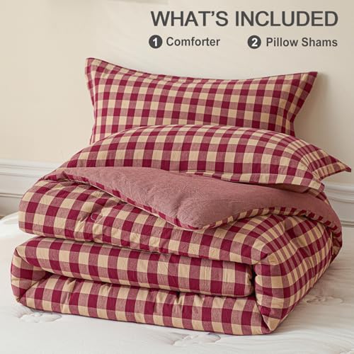 Image of Cyusri Cotton Plaid Queen Comforter Set - Soft Lightweight Bedding 3 Pieces Dyed Bed Set with 2 Pillow Shams,Reversible All Season Farmhouse Down Alternative(Queen Size 90 inchx90 inch Retro Red)