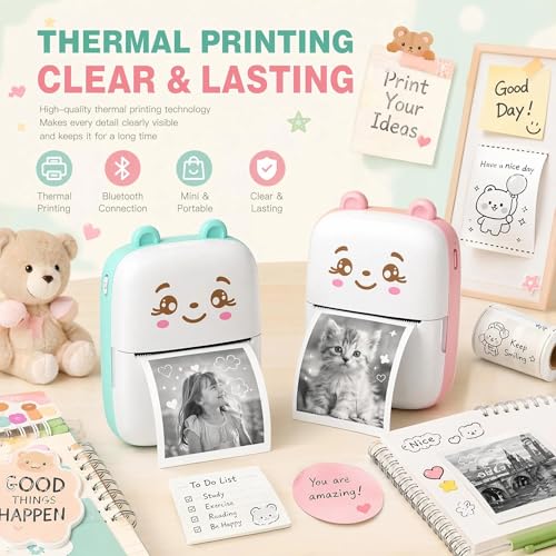 Image of NPIBS Mini Thermal Printer, Cute Bear Portable Bluetooth Sticker Printer with 1 Roll Paper, Pocket Label Maker for DIY Journal, Photos, Study Notes, Kids Gift - Blue & Pink Available