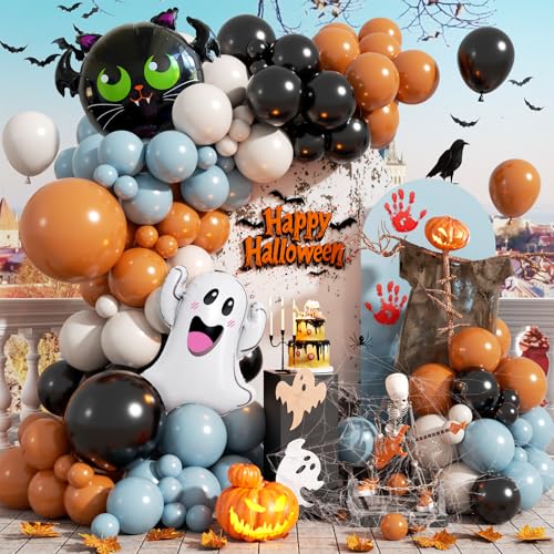Image of Halloween Balloon Arch Kit,120PCS Halloween Sand White Black Orange Blue Balloon, Ghost Foil Ballons for Halloweenday Party Decorations BOO Party Supply Birthday,Baby Shower