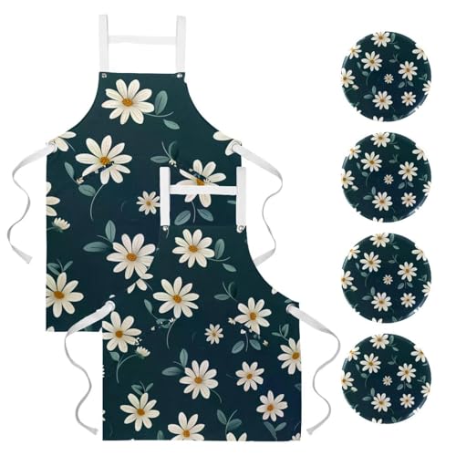 Tabliers de cuisine au motif marguerite avec badge rond et finition étanche