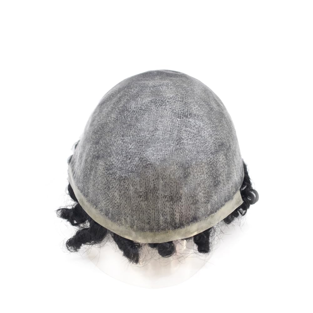 25MM Curly Toupee Durable Full Poly Skin Curl Toupee for Men Human Hair Replacement System Mens Hairpieces and Toupees Capillary Prosthesis (1B# OFF BLACK, 8 * 10-25 MM Wave)