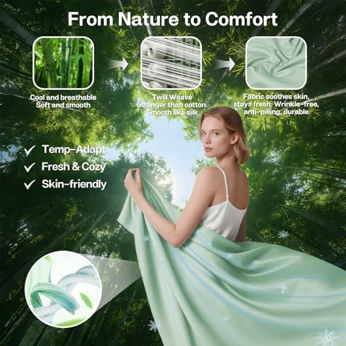 MR&HM Full Size Bed Sheets, 4-Piece Cooling Sheets, Rayon Derived from Bamboo & Polyester Blend, Soft & Silky, 15" Deep Pockets with Elastic Straps, Hotel Luxury for Hot Sleepers, Sage Green