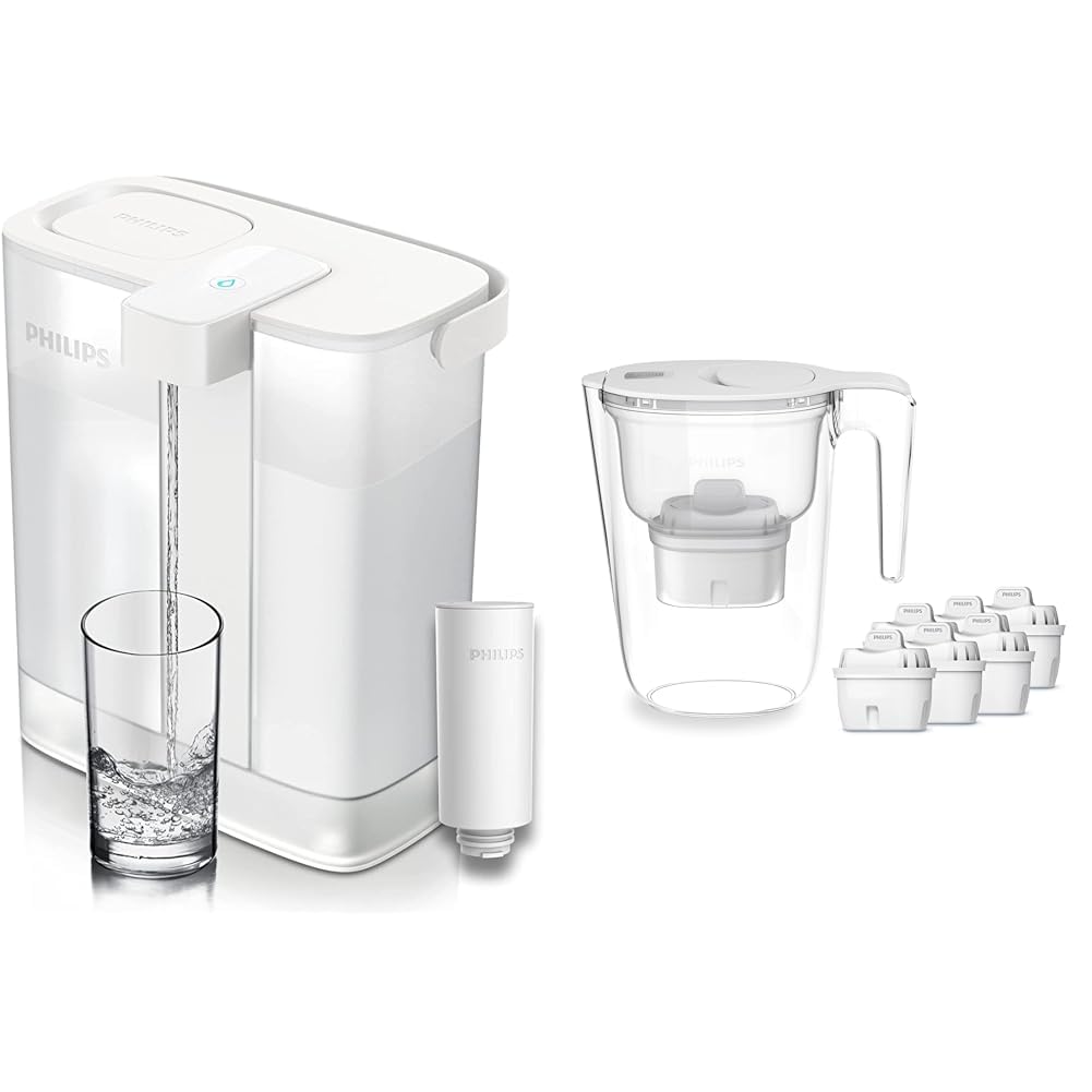 Philips Instant Water Filter, caraffa filtrante con capacità di 3 l & Filtro caraffa Philips +6 cartucce filtranti di ricambio Micro X-Clean, flusso rapido, bianco, 2,6 litri, timer elettronico
