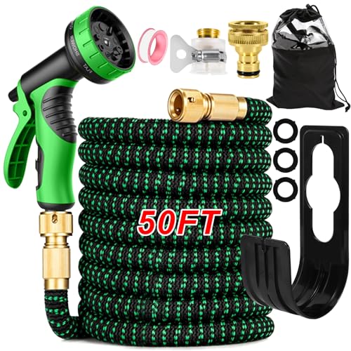 Tubo da Giardino Acqua Flessibile Estensibile, tubo estensibile da giardino con Raccordi in Ottone da 1/2" e 3/4 con 10 Funzione di Spruzzo per Lavaggio Auto Giardino Casa (50FT/15M)