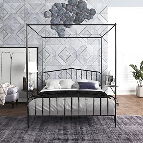 FIVESHOW Queen Size Detachable Queen Anti-Noise Metal Canopy Bed, Black Metal 4 Poster with Headboard and Footboard, No Box Spring Required, Black 83.86" L x 60.43" W x 71.65" H
