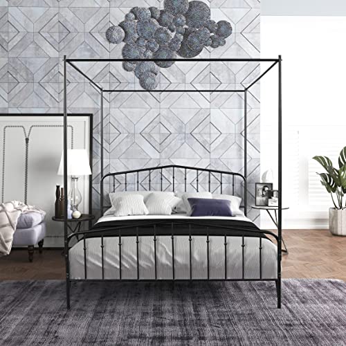Fiveshow Queen Size Detachable Queen Anti-Noise Metal Canopy Bed, Black Metal 4 Poster With Headboard And Footboard, No Box Spring Required, Black 83.86" L X 60.43" W X 71.65" H #TOP25