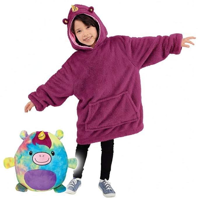 Kids Blanket Hoodie – Wearable Blanket for Girls & Boys, Super Soft Sherpa Fleece, Cozy Oversized Hooded Sweatshirt with Pocket, Warm Cuddly Loungewear for Children
