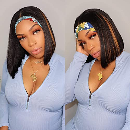 HzTinT Bob Headband Wig for Black Women, Short Straight Ombre Bob Wigs, Silky 180% Density 10 Inch Dark Brown Headband Bob Wigs for Cosplay Party Daily Use