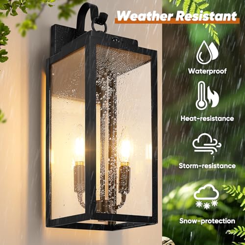 Image of BesLowe 2-Pack 17.5 inch Upgraded Motion Sensor Outdoor Wall Lights, Black | Auto ON /OFF, 3 Lighting Modes, Waterproof, Rust-Resistant, Durable Metal with Clear Glass, Dual E12 Sockets, Easy to Install