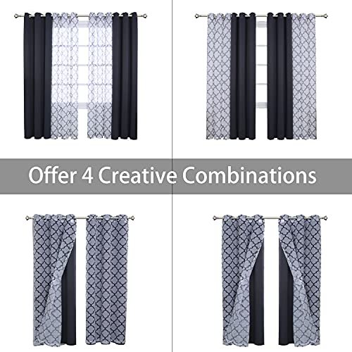 Bonzer Mix And Match Curtains - 2 Pieces Moroccan Print Sheer Curtains And 2 Pieces Blackout Curtains For Bedroom Living Room Grommet Window Drapes, 37X84 Inch/Panel, Dark Grey, Set Of 4 Panels #TOP3