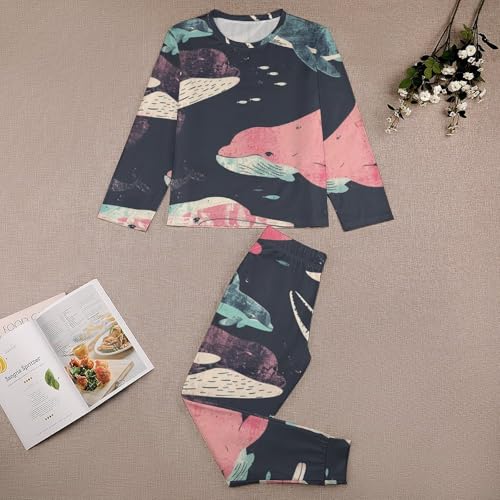 Whales Orcas Narwhals On NavyBoys Casual Comfort Pajamas, Long Sleeve Pajama Set130CM3