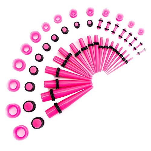 LLGL-EU Ohr-Stretching-Kit 50 Stück 14G-00G Ohr Messgeräte Expander Set Acryl Verjünger und Stecker & Silikon Tunnel Piercing-Schmuck-Set (Pink)