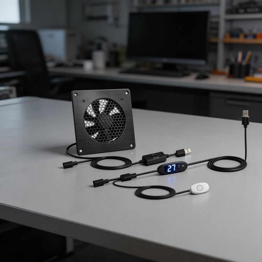 BlissfulAbode U03T8025JGX2 Ventilateur de refroidissement USB avec thermostat 0 à 60 °C à faible bruit pour bureau 80 mm Noir