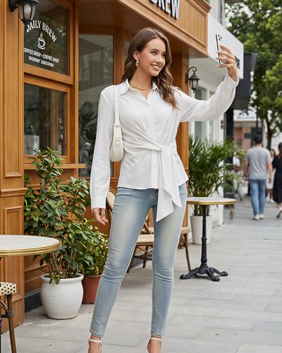 Fyralis Women's Dressy Long Sleeve Button Down Blouse with DIY Knot, Business Casual Lightweight Solid Shirt (US, Alpha, Medium, Regular, Regular, White) — view 2