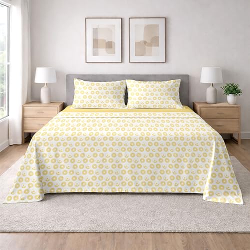 Ruggeri - Set Lenzuola Letto Matrimoniali 4 Pezzi in 100% Cotone di Alta Qualità, Lenzuolo con Angoli 170x200 cm, Lenzuolo Piatto 240x280 cm e 2 Federe 50x80 cm (Ciambelle Gialle, Matrimoniale)