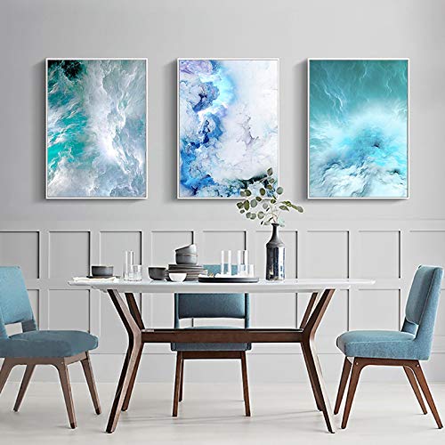 Toile bleu marbre vague pour salon élégant triptyque affiche murale moderne 50x70cm décoration