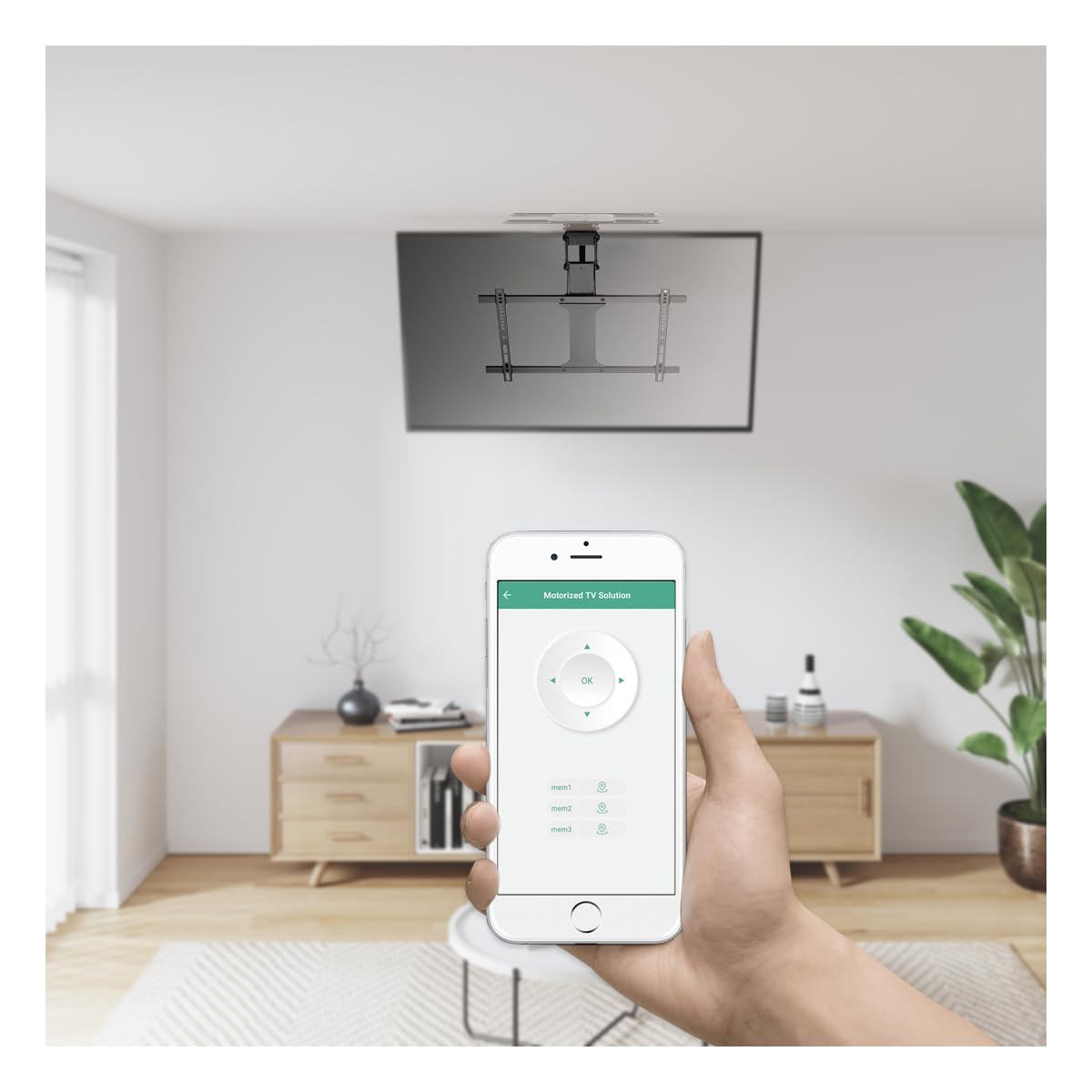 my wall Soporte de Techo para TV motorizado, HL49ML, Smart Home, Compatible con Alexa y Google Home, Control por Voz, Soporte de Techo eléctrico, Plegable, Giratorio, Mando a Distancia o Control por