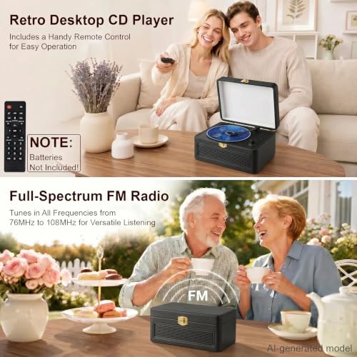 Image of Gueray CD Player Portable Bluetooth: Retro CD Players with Speakers Vintage CD-Player 3600mAh Rechargeable & Radio & Remote Control Support USB /AUX Playback Headphone Jack (Black)