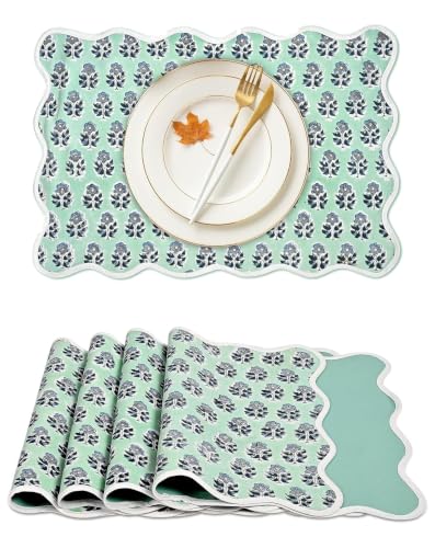 CPC Poppy Blue Block Print Reversible Scallop Placemat 14x20 Inch Set of 4