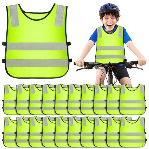 YFNVH Lot de 20 Gilets de Sécurité Enfant - Gilet Jaune Fluo Réfléchissant - Haute Visibilité pour Sortie Scolaire, Vélo, École & Groupe - Bandes Élastiques (3–9 ans)