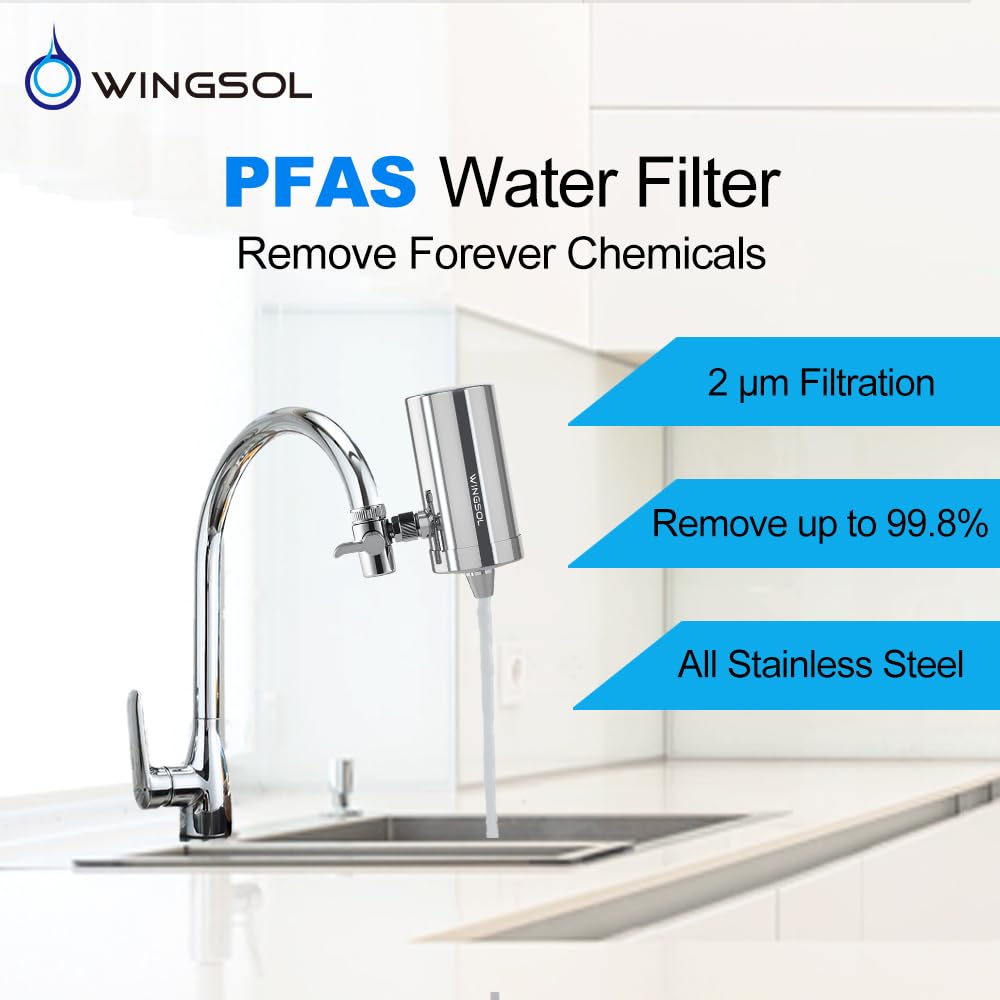 WINGSOL WINGSOL Stainless-Steel 360°Rotating Sink Water Filter, Carbon Block Water Filter for Sink Faucet, Reduces Chlorine, Heavy Metals and Bad Taste Faucet Water Filter, 3 Cartridges Included