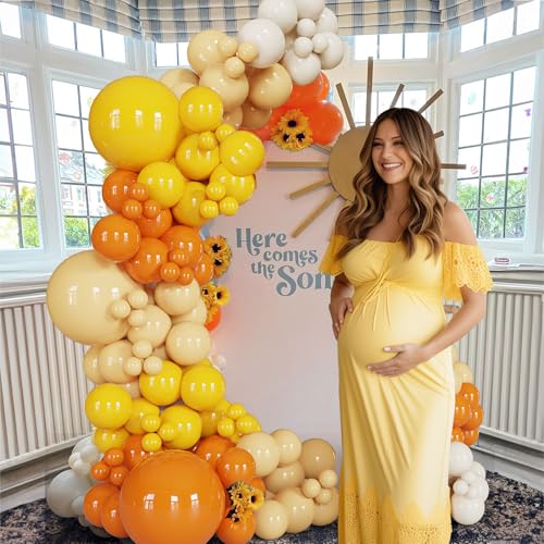 Image of Here Comes The Sun Balloon Arch Kit 136 Pcs Retro Burnt Orange, Mustard Yellow, Nude, Sand White Balloon Garland For Groovy Boho Baby Showers, Sunshine First Birthday Party, Sunset，Fall Celebrations