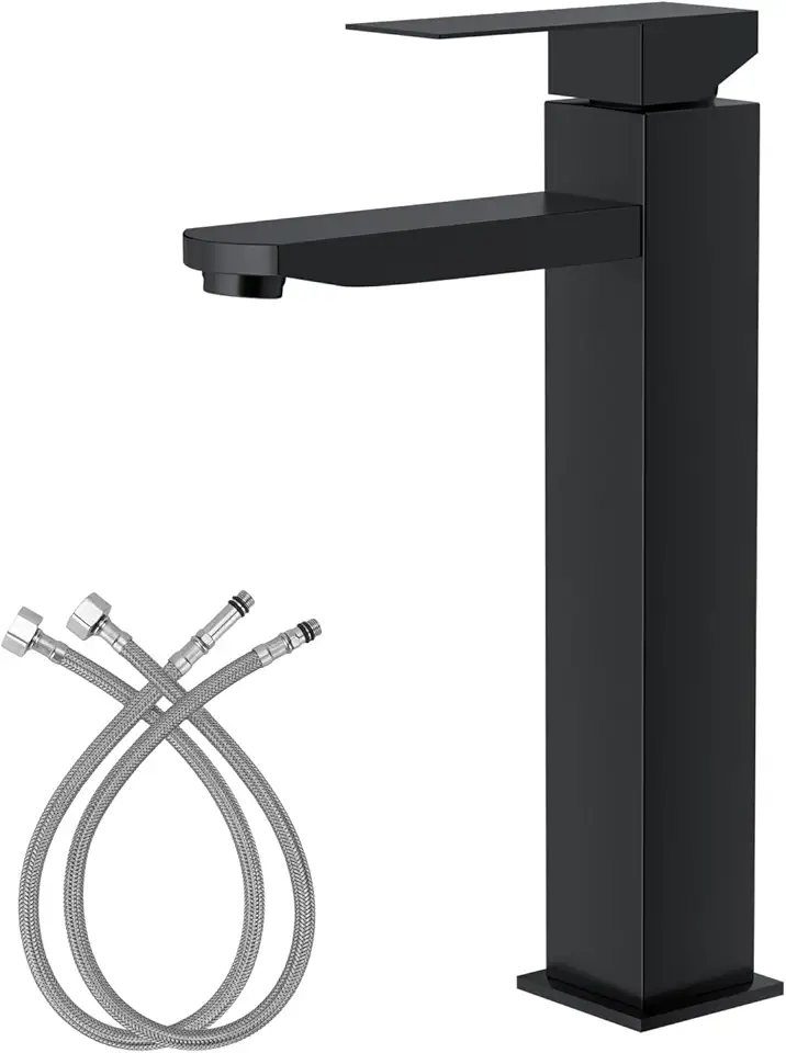 Torneira de Cascata Alta Aço Inoxidável Manípulo Único para Banheiro Torneira para Lavatório com 2 Linhas de Abastecimento de Agua (Preto)