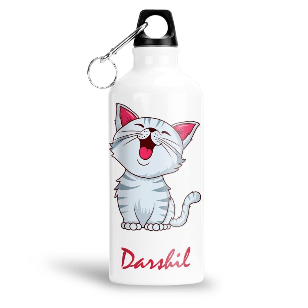 FurnishFantasy Cute Cat Personalised Aluminium 750ml Water Bottle for Kids - Best Birthday Gift for Son, Daughter, Brother, Sister, Return Gift for kids - Color - White, Name - Darshil