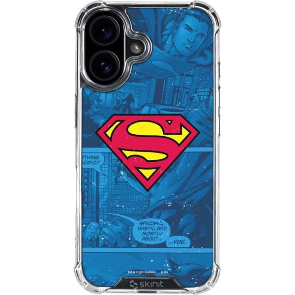 Skinit Clear Phone Case Compatible with iPhone 16 Plus - Officially Licensed DC Comics Superman Logo Background Pattern Design
