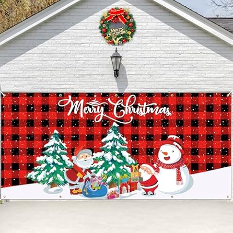 6 x 13 FT Christmas Garage Door Cover Backdrop Decoration, Extra Large Red Buffalo Plaid Santa Claus Snowman Christmas Trees Printed Hanging Garage Background for Outdoor House Patio Party Supplies Cover