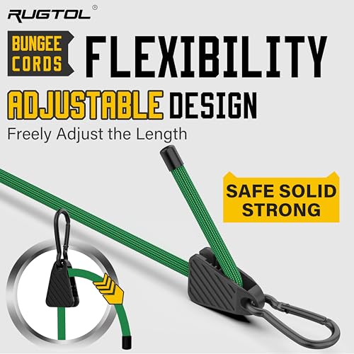 Image of Bungee Cords with Hooks, 48 Inch Adjustable Green Bungee Cords with Carabiner Heavy Duty Outdoor, 8mm Thick Easy to Adjust Bungee Rope UV Resistant for Truck Bed, Bike Rack, Trash Can, Moving, 6 Pack