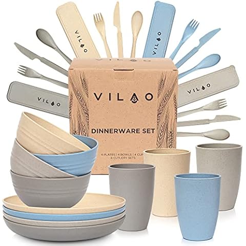 VILAO Geschirr-Set 4 Personen - Wiederverwendbar Recyclebar - Kunststoff Becher Teller Schüsseln Besteck - Picknick Camping Outdoor - Plastik Geschirrset, Campinggeschirr Cover