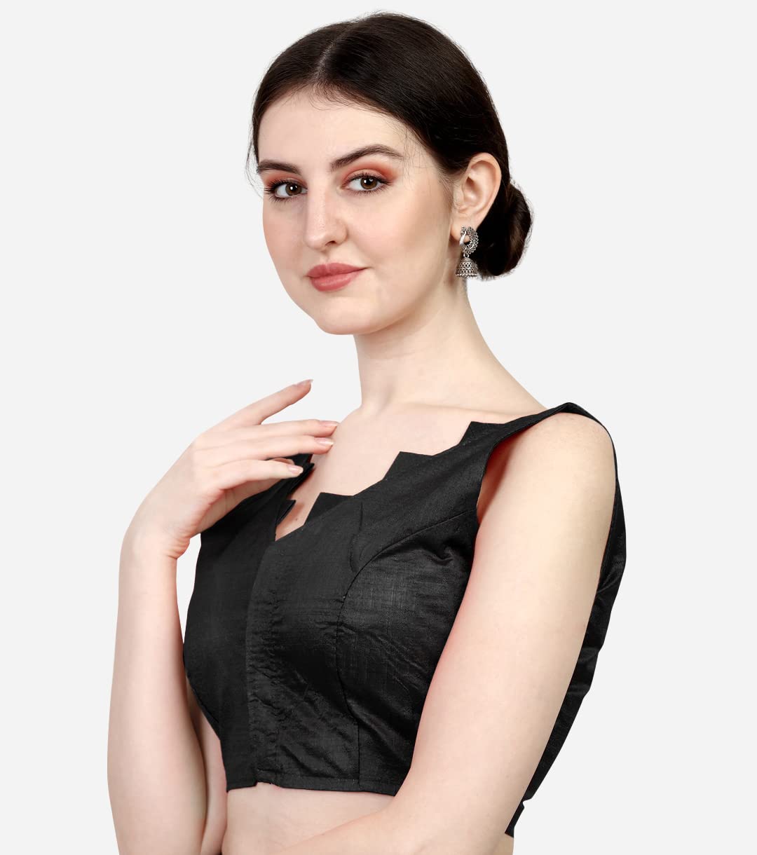 Pujia Mills Women's Multicolor V Neck Heavy Phantom Silk Sleeveless Readymade Blouse (Sleeves Attached Inside) (Black, 38)