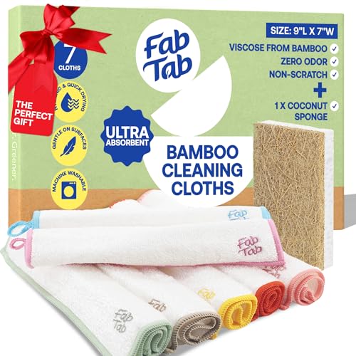 Fab Tab Viscose Made from Bamboo Cleaning Cloths Ultra Absorbent, Reusable Kitchen Cloths, Quick Drying, Non-Scratch, Color Coded Cleaning Cloths, Includes Coconut Sponge, Multicolor, 7-Pack
