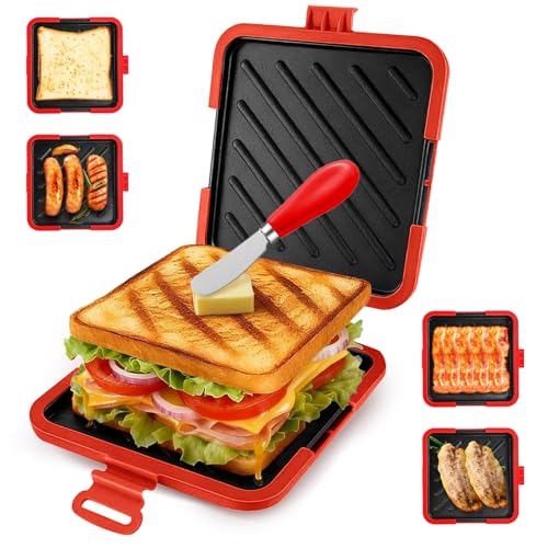 Microwave Toastie Sandwich Maker Silicone Micro Toasties Sandwich Maker with Removable Non-Stick Grill Plates Cookware Toaster Baking Tray Easy Cooking for Crispy Sandwiches Paninis Fried Eggs Red